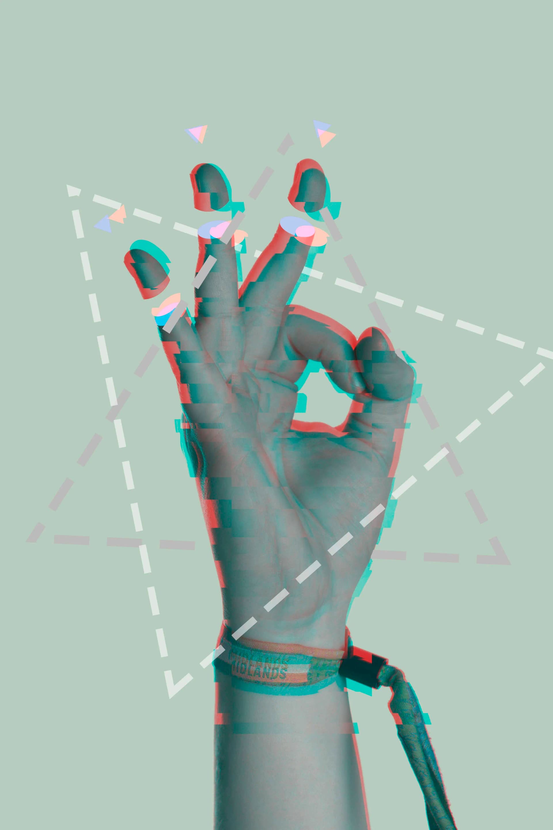 A hand making an OK gesture with a digital glitch effect. The background is a pale green, and geometric shapes and dashed lines intersect the hand. The image has a red and cyan color overlay, giving it a 3D glitch aesthetic.
