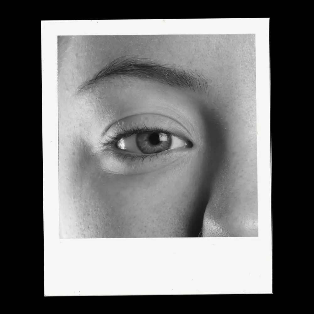 A close-up, black and white photograph captures the intricate details of a human eye. The iris, a mesmerizing mix of light and dark tones, surrounds a dark pupil, reflecting subtle highlights. Delicate eyelashes frame the lower eyelid, while the upper lid is partially visible, casting a soft shadow. Above the eye, a well-defined eyebrow adds structure to the face. The surrounding skin shows fine texture and subtle shading, emphasizing the eye as the focal point.