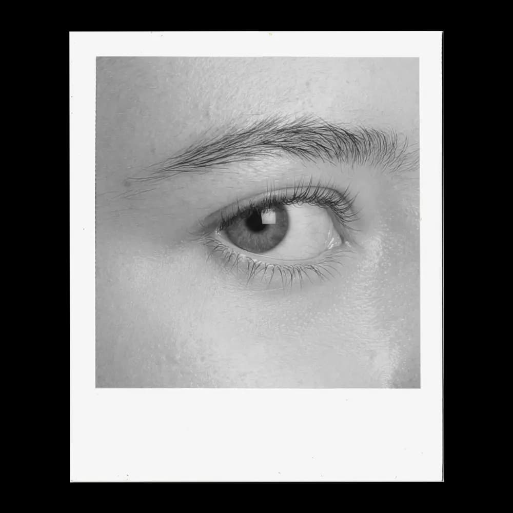 A close-up, black and white photograph captures the intricate details of a human eye. The iris, a mesmerizing mix of light and dark tones, surrounds a dark pupil, reflecting subtle highlights. Delicate eyelashes frame the lower eyelid, while the upper lid is partially visible, casting a soft shadow. Above the eye, a well-defined eyebrow adds structure to the face. The surrounding skin shows fine texture and subtle shading, emphasizing the eye as the focal point.