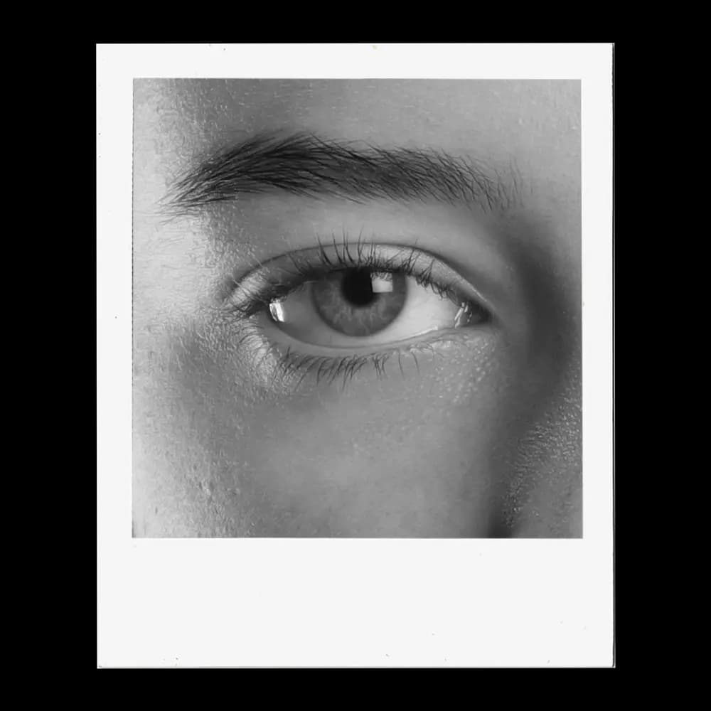 A close-up, black and white photograph captures the intricate details of a human eye. The iris, a mesmerizing mix of light and dark tones, surrounds a dark pupil, reflecting subtle highlights. Delicate eyelashes frame the lower eyelid, while the upper lid is partially visible, casting a soft shadow. Above the eye, a well-defined eyebrow adds structure to the face. The surrounding skin shows fine texture and subtle shading, emphasizing the eye as the focal point.