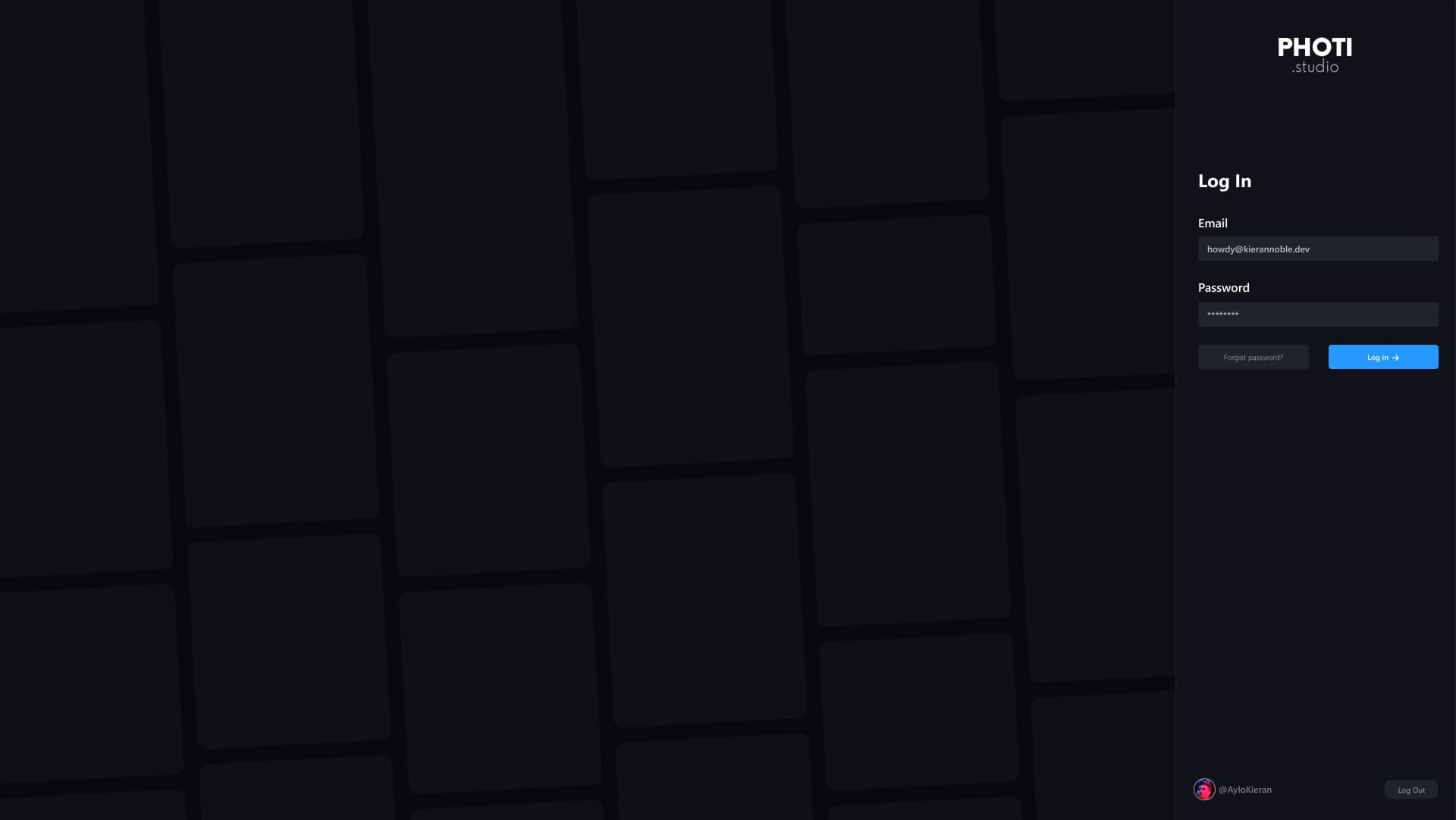 Log In interface for Photi social media image sharing platform mockup, showing email and password fields and a 'Log In' button.